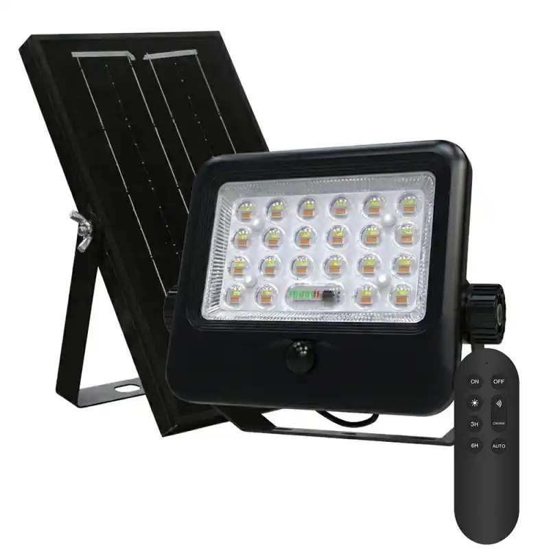 Projecteur solaire détecteur led 100w cct panneau déporté-3200 lumens a télécommande