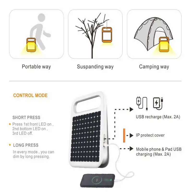 Projecteur solaire portable randonnée camping power bank usb