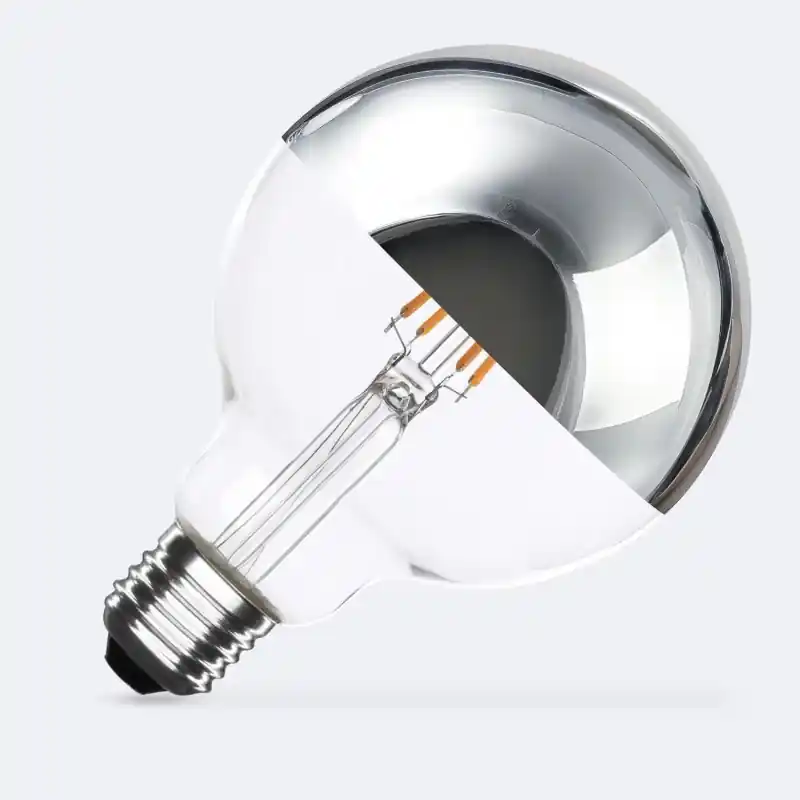 Ampoule led filament globe 125 verre reflecteur chrome 800lm 2200k