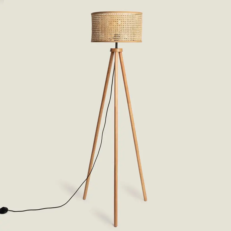 Lampadaire sur pied bois rotin douille culot e27