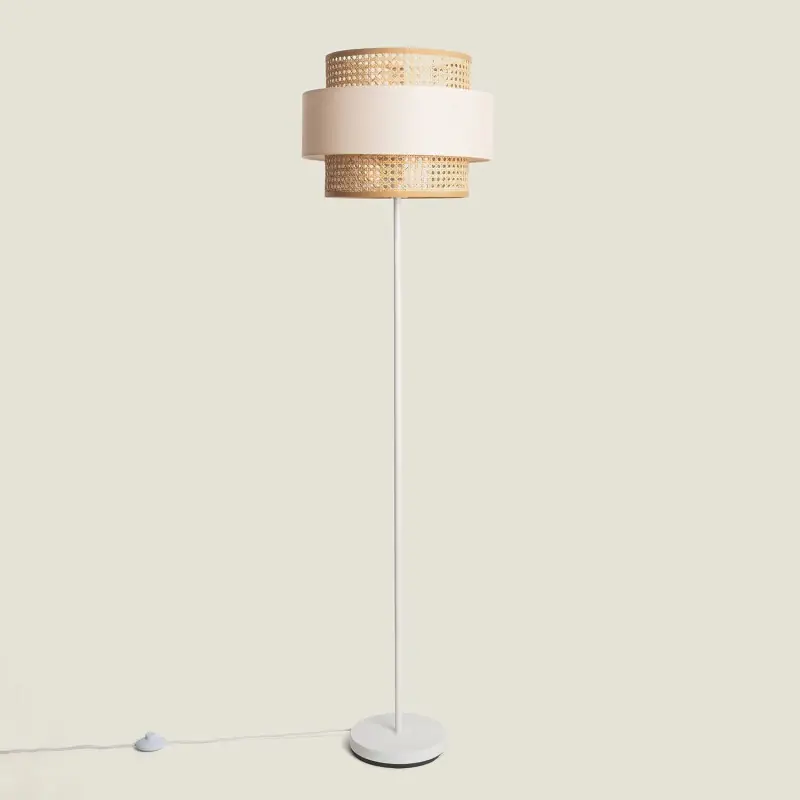 Lampadaire sur pied abat-jour rotin culot e27 pied blanc