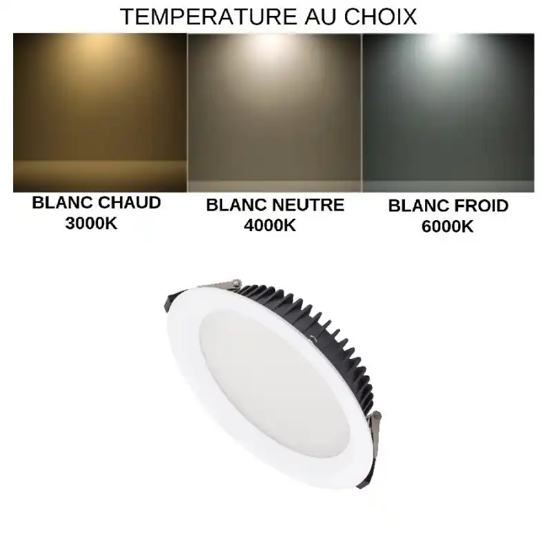 Downlight led 60w ip44-cct-sélectionnable luminaire encastrable 7200 lumens-angle 110°-3000k-4000k-6000k