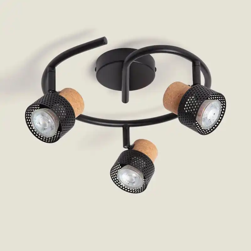 Applique plafonnier spot orientable triples gu10 métal et bois