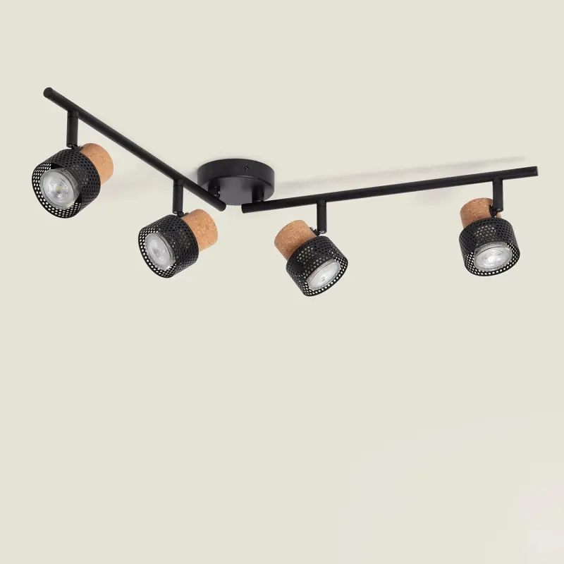 Applique plafonnier spot orientable quatres gu10 métal et bois