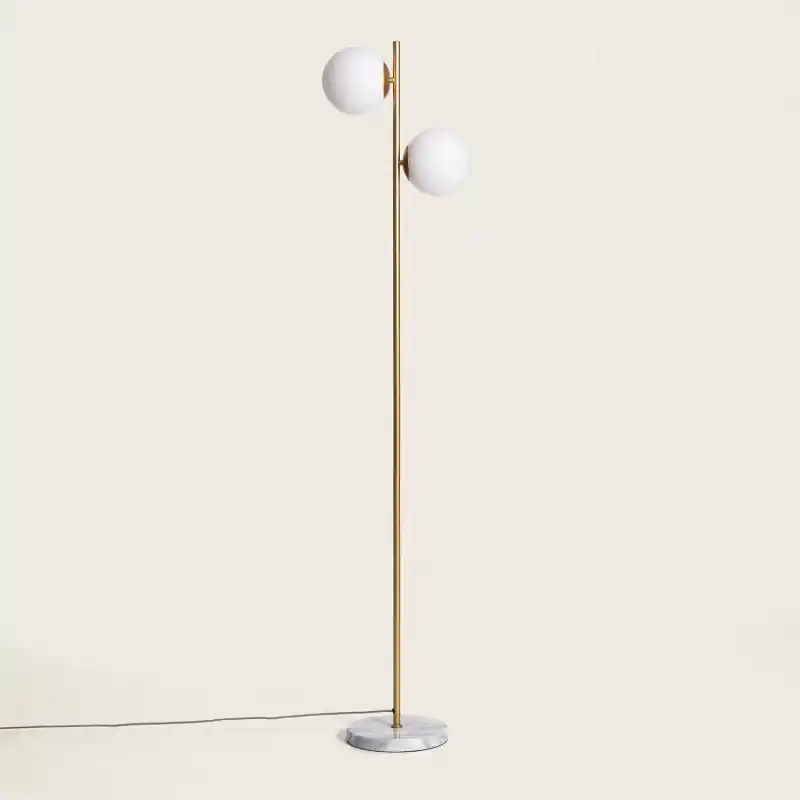 Lampadaire intérieur luminaire doré culot e27 boule verre blanc