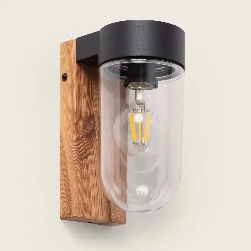 Applique solaire capteur crépusculaire noire et bois 1w led 120 lumens 3000k