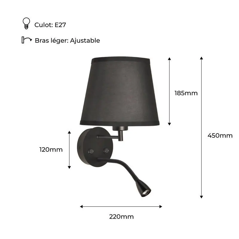 Applique murale abat-jour liseuse led avec interrupteur noir