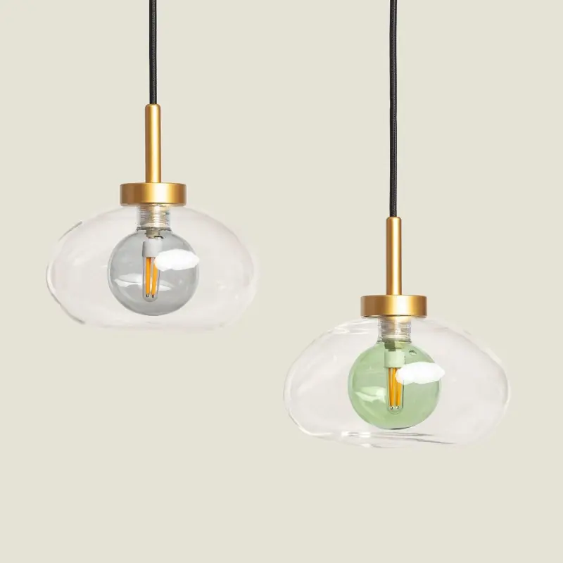 Plafonnier suspendu boule verre art déco et métal doré culot g9