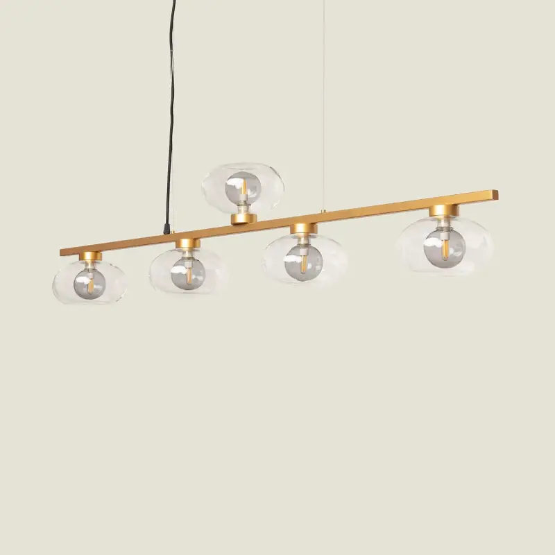 Plafonnier suspendu 5 boules verre art déco et métal doré culot g9