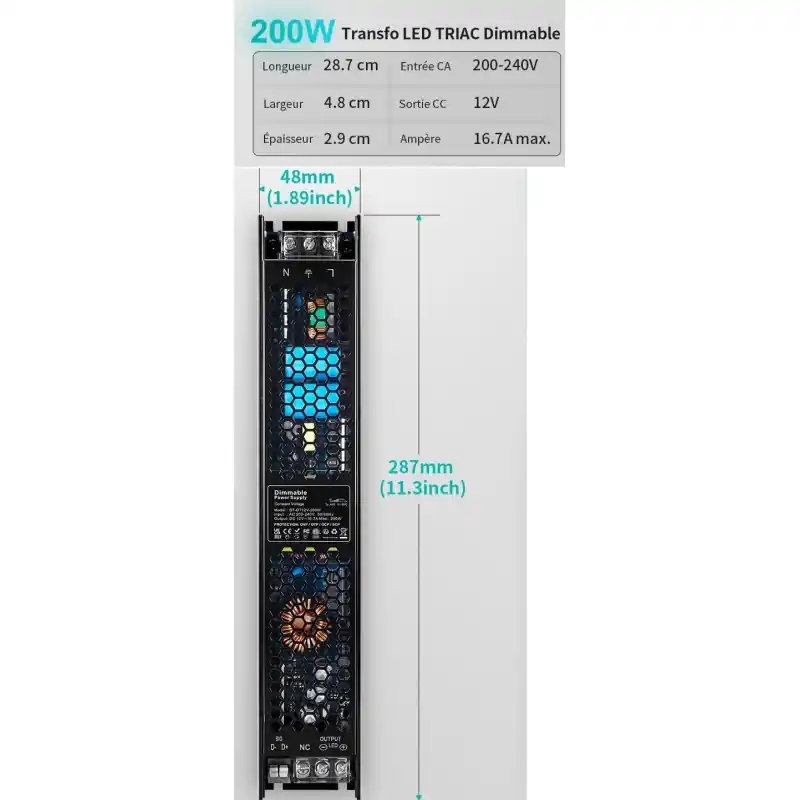 Alimentation transformateur courant 220v-12v-LED dimmable-60w-100w-200w