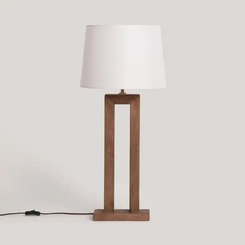 Lampe a poser 70cm bois et abat jour tissu blanc naturel