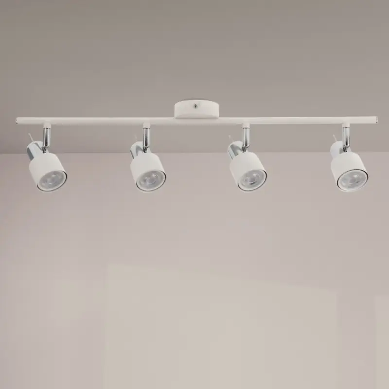 Plafonnier spot blanc et chrome 4 têtes orientable culot gu10