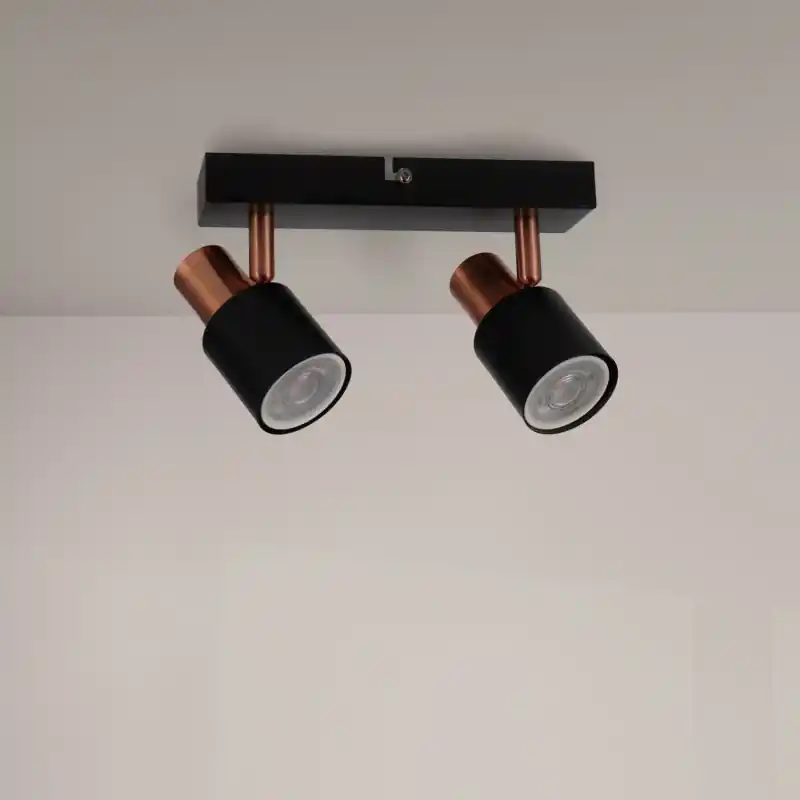 Plafonnier spot métal noir et cuivres 2 têtes orientable culot gu10