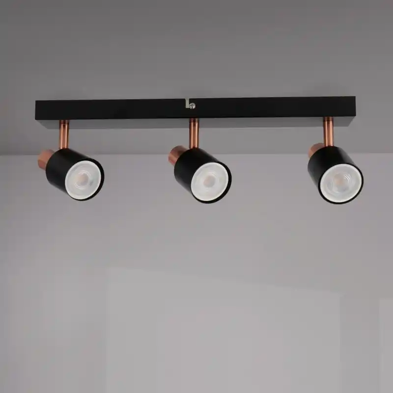 Plafonnier spot métal noir et cuivres 3 têtes orientable culot gu10