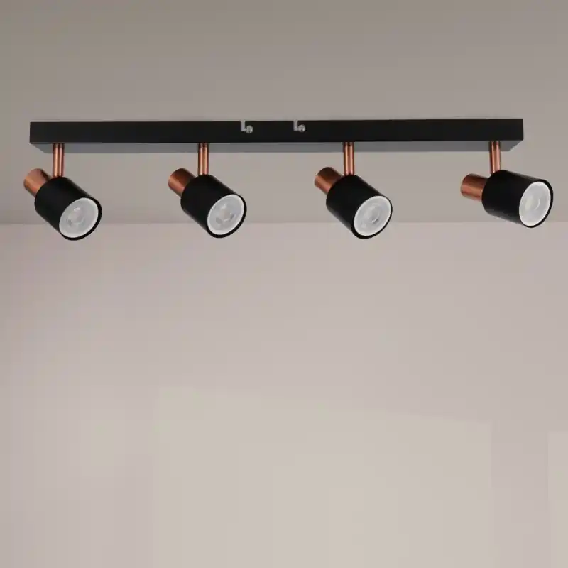 Plafonnier spot métal noir et cuivres 4 têtes orientable culot gu10