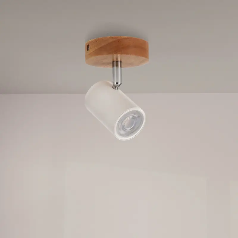 Plafonnier spot métal blanc et bois 1 tête orientable gu10