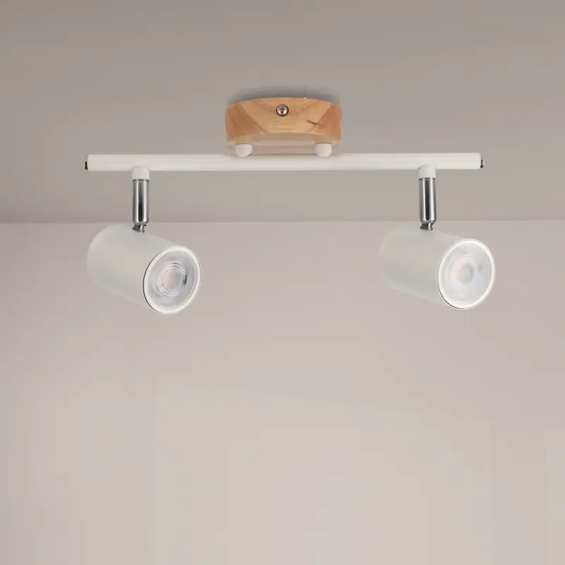 Plafonnier spot métal blanc et bois 2 têtes orientable gu10