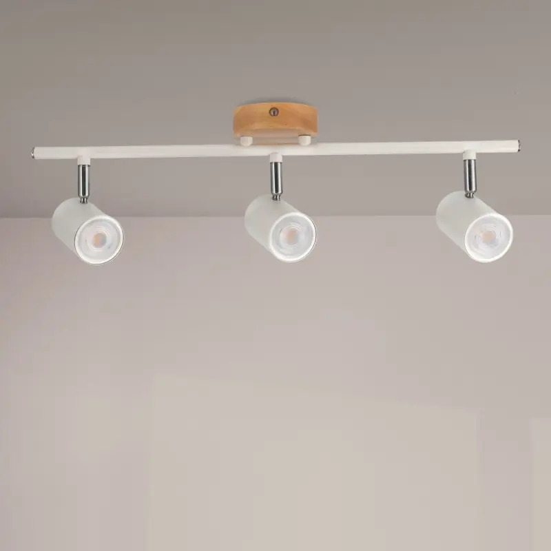Plafonnier spot métal blanc et bois 3 têtes orientable gu10