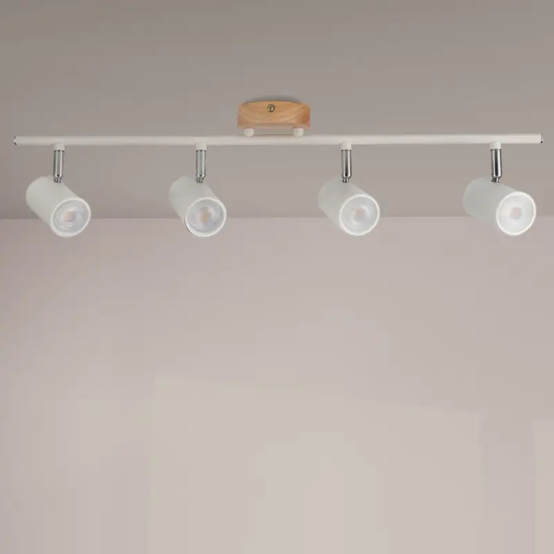 Plafonnier spot métal blanc et bois 4 têtes orientable gu10