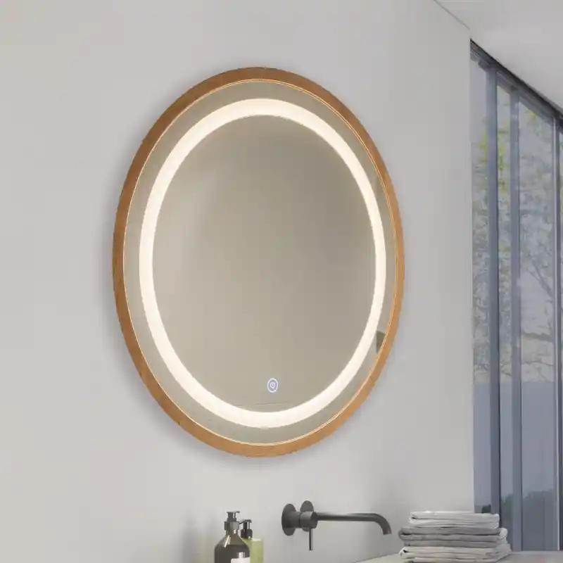 Miroir led salle de bain lumineux 15w rond 60cm decor bois
