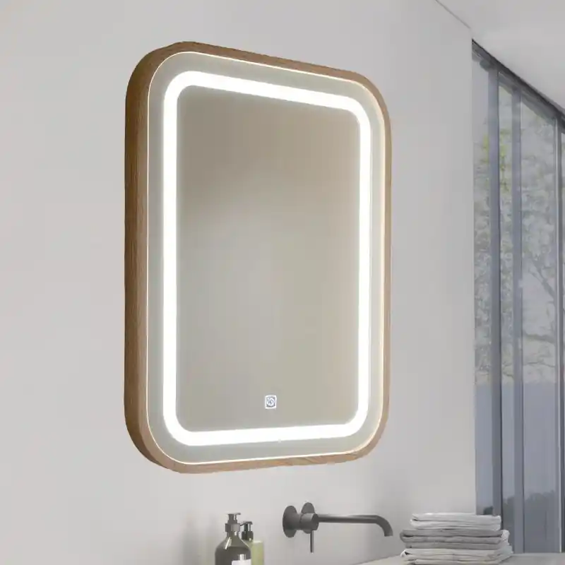 Miroir salle de bain led 20w cct lumineux 80cm decor bois
