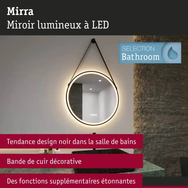 Miroir lumineux LED Mirra IP44 White Switch 750lm 230V 11,5W gradable Noir/Miroir