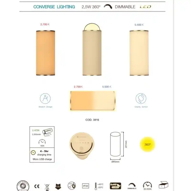 lampe portable rechargeable dimmable change de couleur du blanc chaud au blanc froid 2700k-5500k