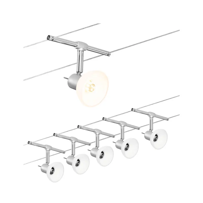 Wire System Set Sheela max 5x10W GU5,3 C hrome mat/Opale 230/12V 60VA Métal/Verre