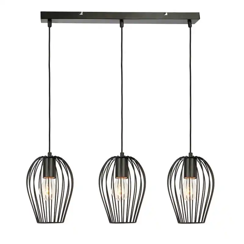 Suspension noire triple têtes diamètre 15cm grille vintage lustre plafonnier culot ampoule e27