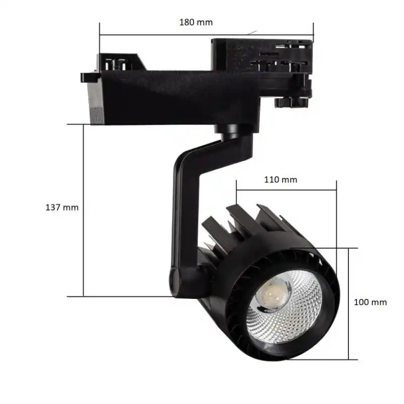 Projecteur led 30w noir-36°-cri 80-2400lm-3000k-4000k-5000k-sur rail 3 allumages aluminium noir boutiques commerces