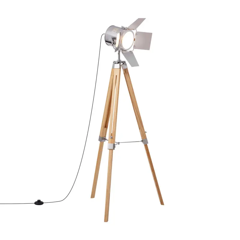 Lampadaire 140cm chrome culot e27 pied bois et métal retro