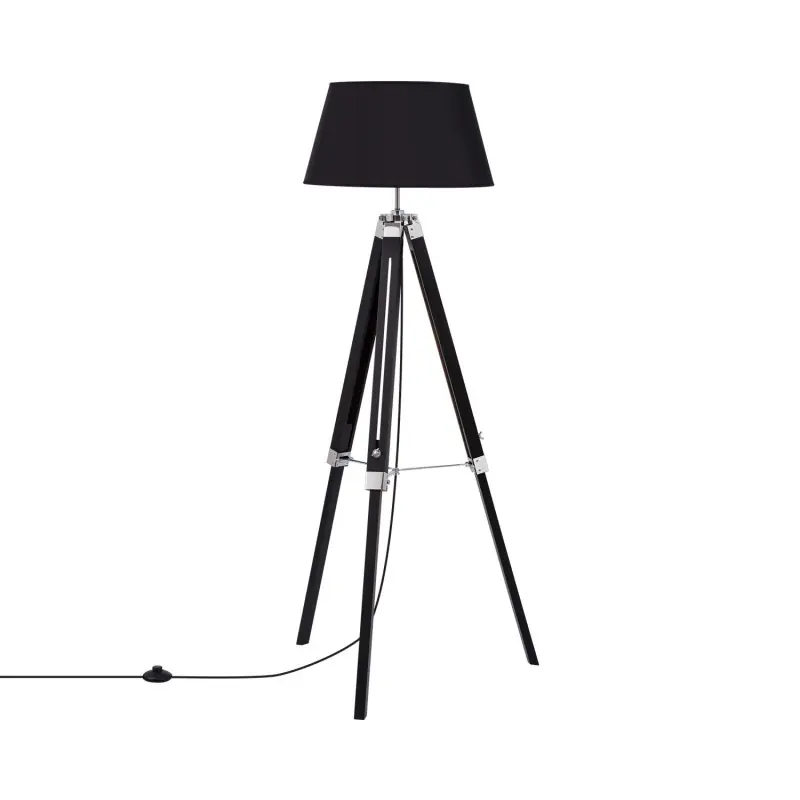 Lampadaire 144cm abat-jour noir culot e27 pied bois reglable