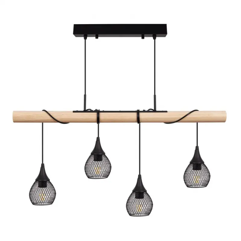 Suspension noire et bois 4 grilles vintage lustre plafonnier culot ampoule e27