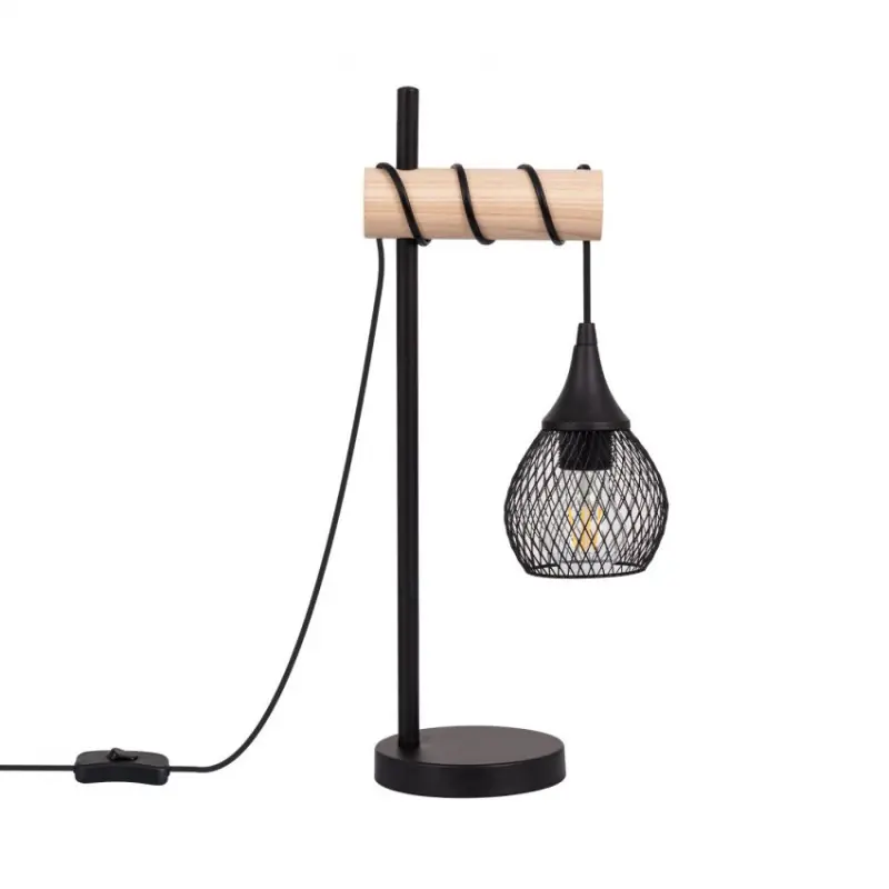lampe de table tete suspendu noire ou blanche et bois grille vintage culot e27
