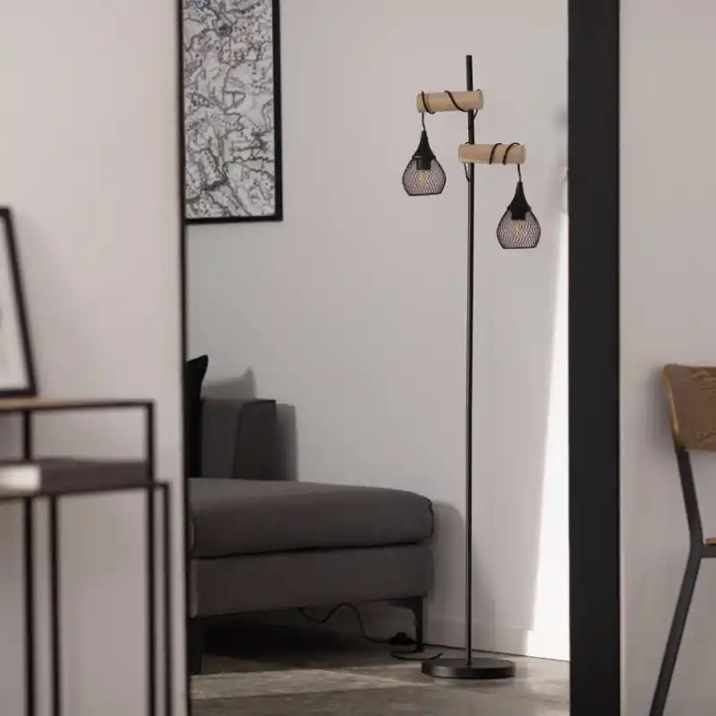 Lampe de sol métal et bois culot e27 noir ou blanc
