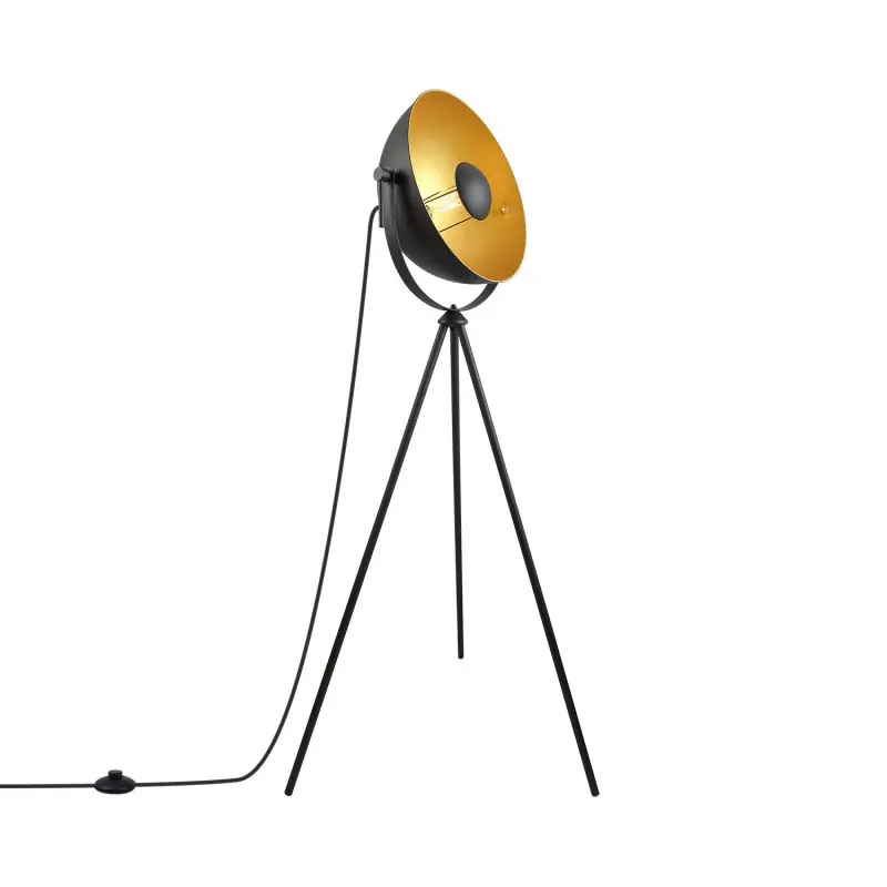 Lampadaire 150cm sur trépied noir et doré culot e27 vintage