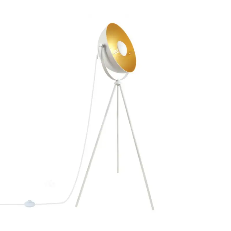 Lampadaire 150cm sur trépied blanc et doré culot e27 vintage