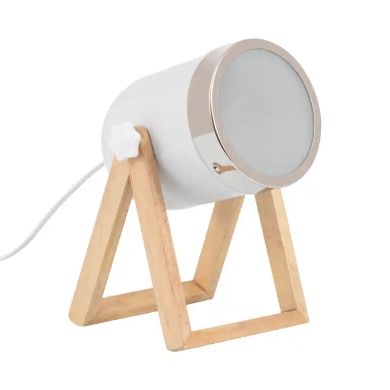 Lampe de table pied bois et métal blanc-culot e14