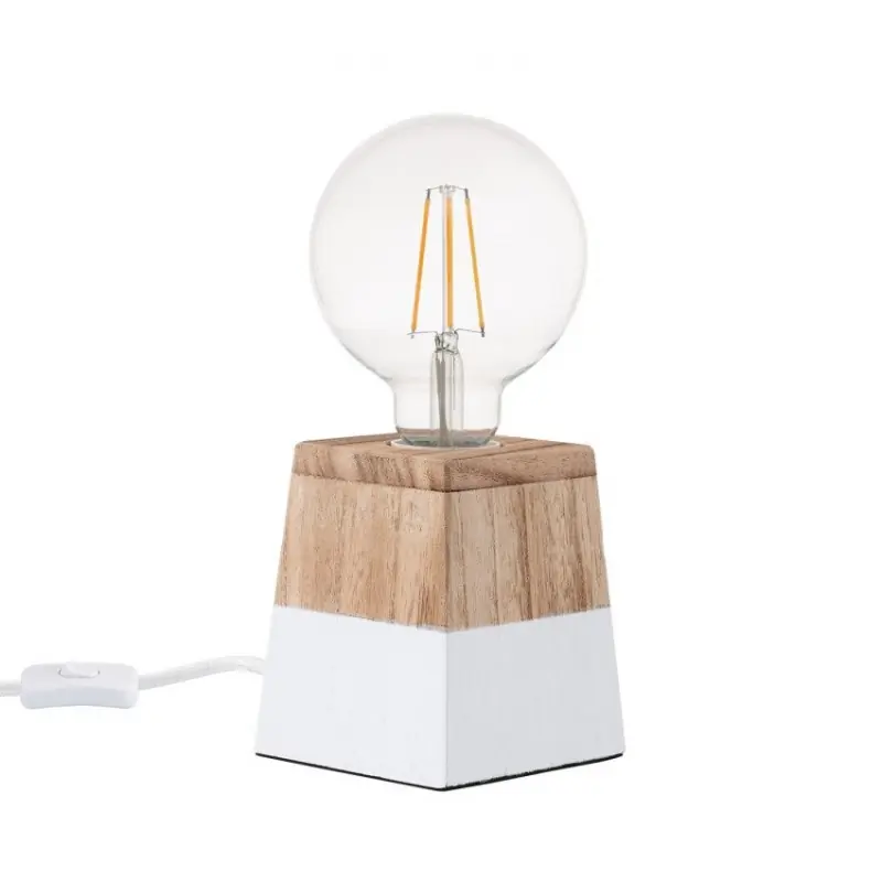 Lampe de table pied bois socle blanc-culot e27
