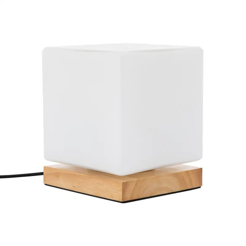 Lampe de table pied socle bois et cube verre blanc culot e27