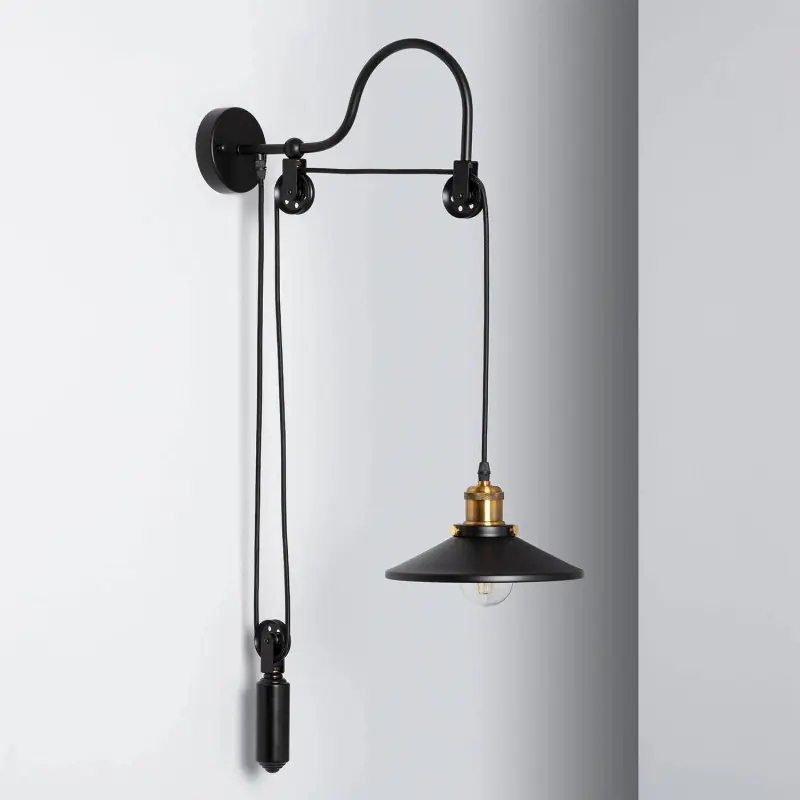 Applique murale noir culot e27 effet retro sur poulie