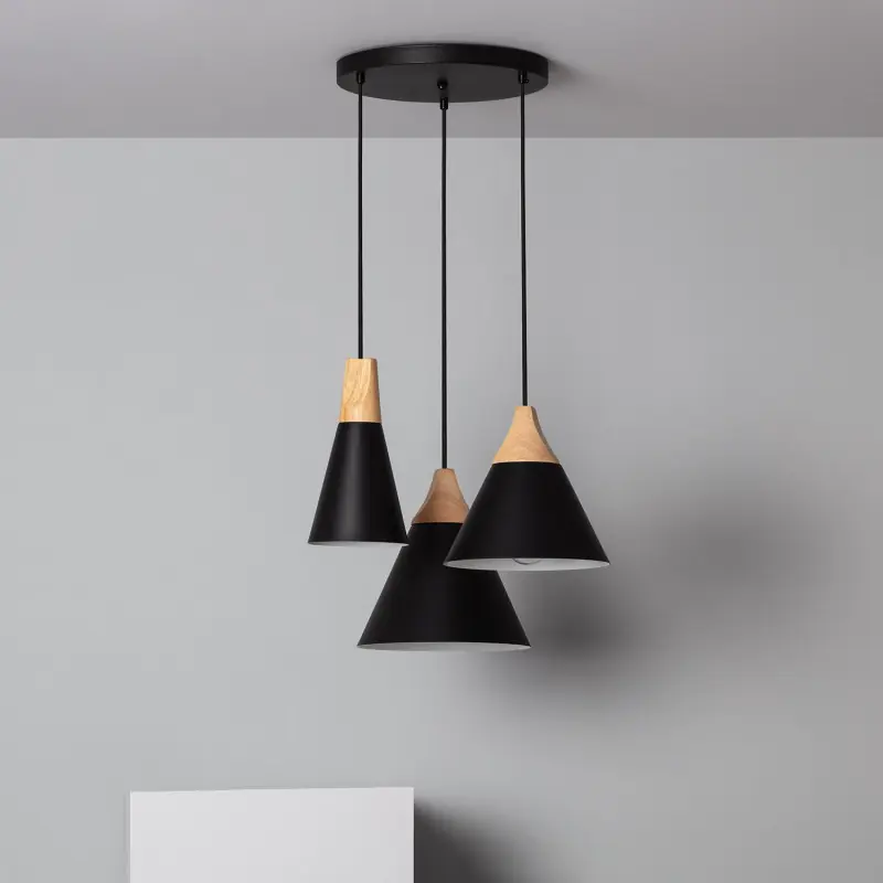 Plafonnier triple suspensions bois et métal noir culot e27