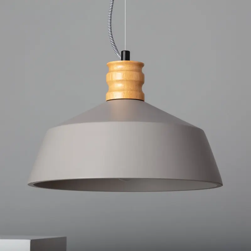 Plafonnier suspension cloche culot e27 béton gris et bois