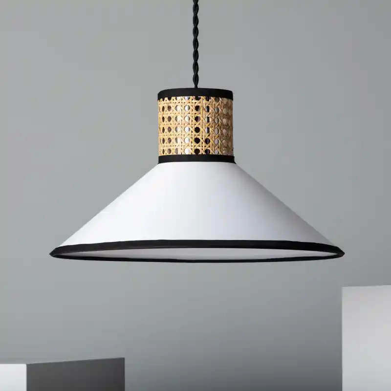 Plafonnier suspension cloche culot e27 rotin et abat-jour blanc