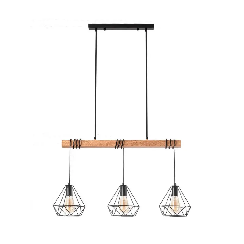 Plafonnier triple suspensions culot e27 bois et cage noir ou blanc