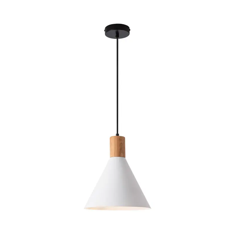 Plafonnier suspension métal blanc et bois culot e27