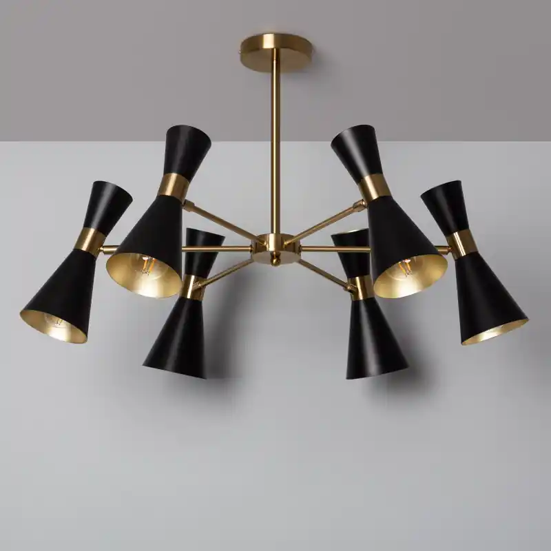 Plafonnier 6 têtes orientable métal noir et doré culot e27
