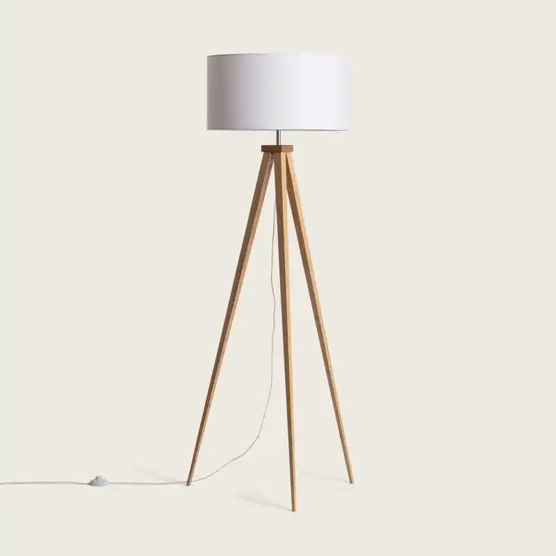 Lampadaire bois naturel/textile blanc, E27