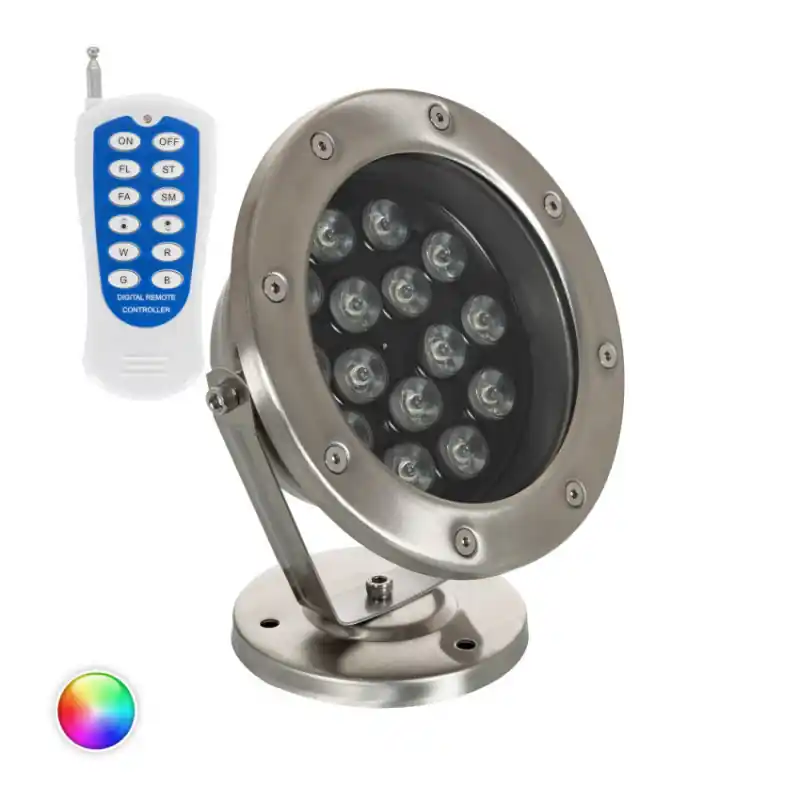 Projecteur spot 15w led rgb 24v ip68 sur pied inox jardin rocaille et massif bassin étanche