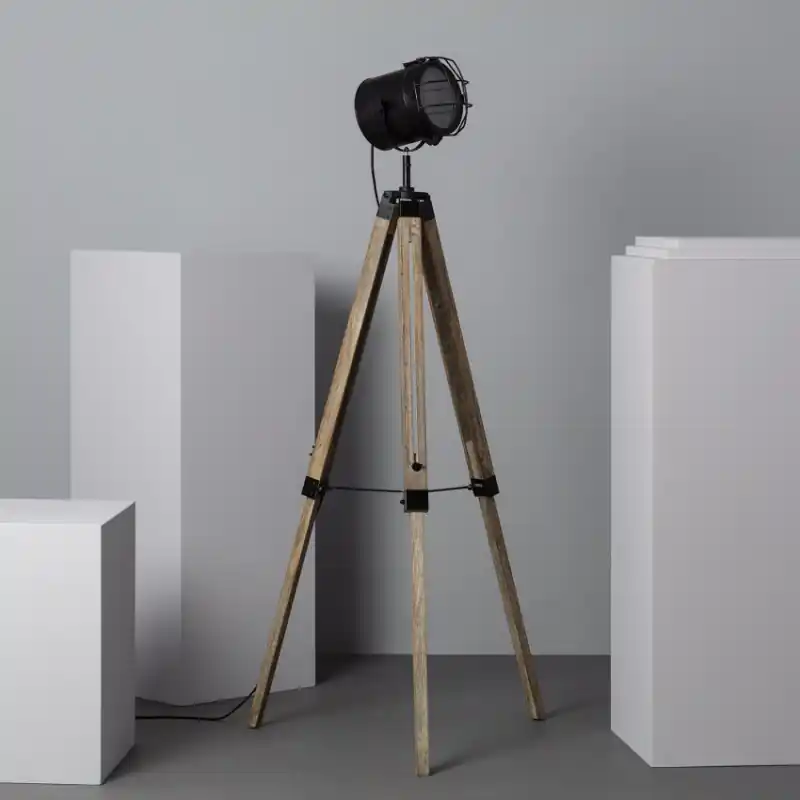 Lampadaire à poser trépied bois et métal noir douille culot E27